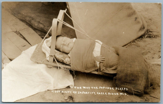 AMERICAN INDIAN PAPOOSE SLEEPS ANTIQUE REAL PHOTO POSTCARD RPPC EAGLE RIVER WI