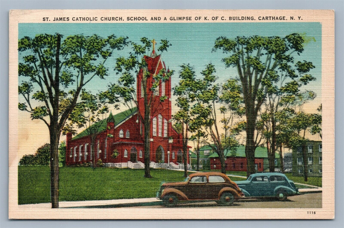 CARTHAGE NY ST.JAMES CATHOLIC CHURCH & SCHOOL VINTAGE POSTCARD