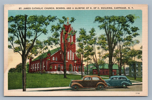 CARTHAGE NY ST.JAMES CATHOLIC CHURCH & SCHOOL VINTAGE POSTCARD