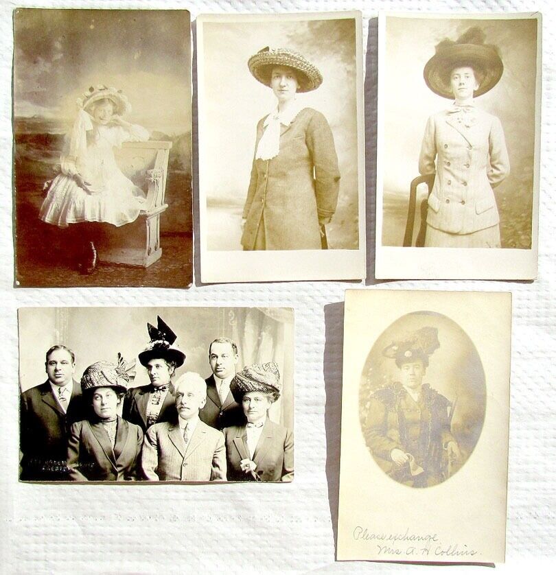 LOT OF 5 ANTIQUE RPPC REAL PHOTO POSTCARDS - LADIES w/ NICE HATS