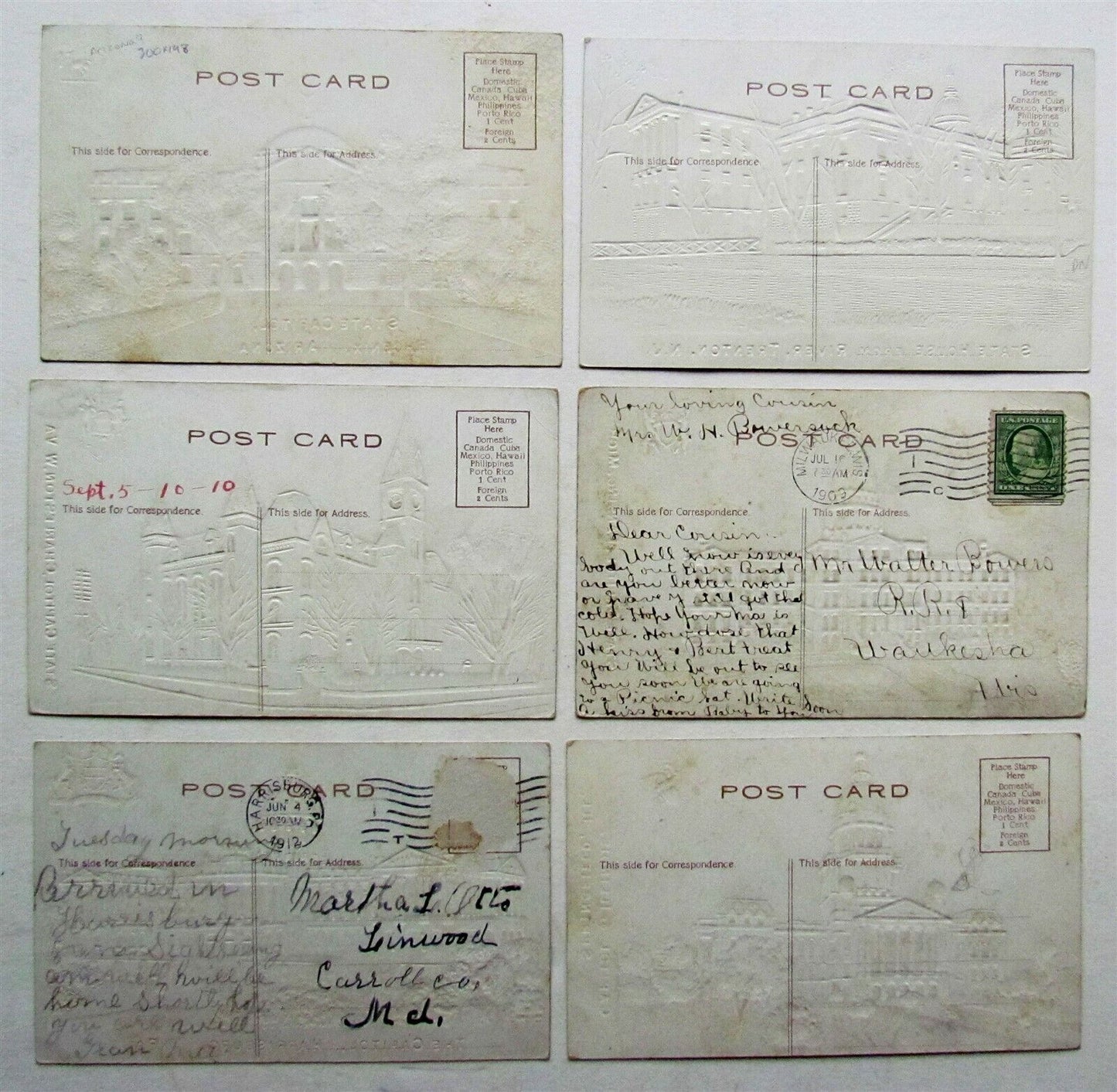 lot of 6 ANTIQUE POSTCARDS STATE CAPITOLS AZ NJ W.Va. MI PA