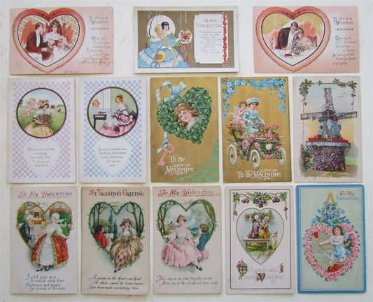 LOT of 13 VALENTINE ANTIQUE EMBOSSED POSTCARDS w/ ROMANTIC COUPLES & FLOWERS