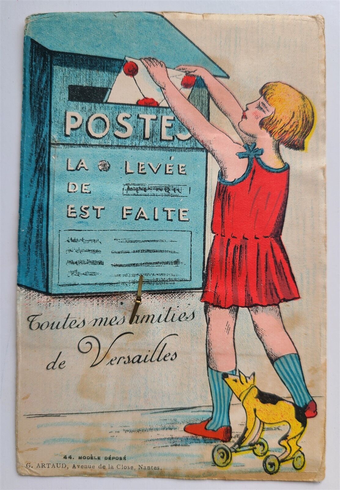 FRENCH COMIC POSTCARD MAILBOX w/ FOLDING MINIATURE VIEWS of VERSAILLES
