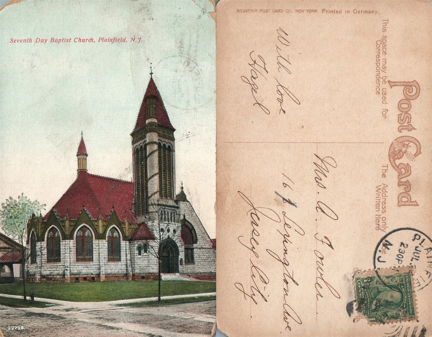 PLAINFIELD N.J. SEVENTH DAY BAPTIST CHURCH UNDIVIDED ANTIQUE POSTCARD CORK STAMP