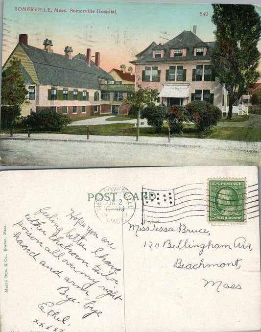 SOMERVILLE HOSPITAL MA 1911 ANTIQUE POSTCARD