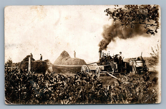 TRACTOR on FARM HARVESTING ANTIQUE REAL PHOTO POSTCARD RPPC