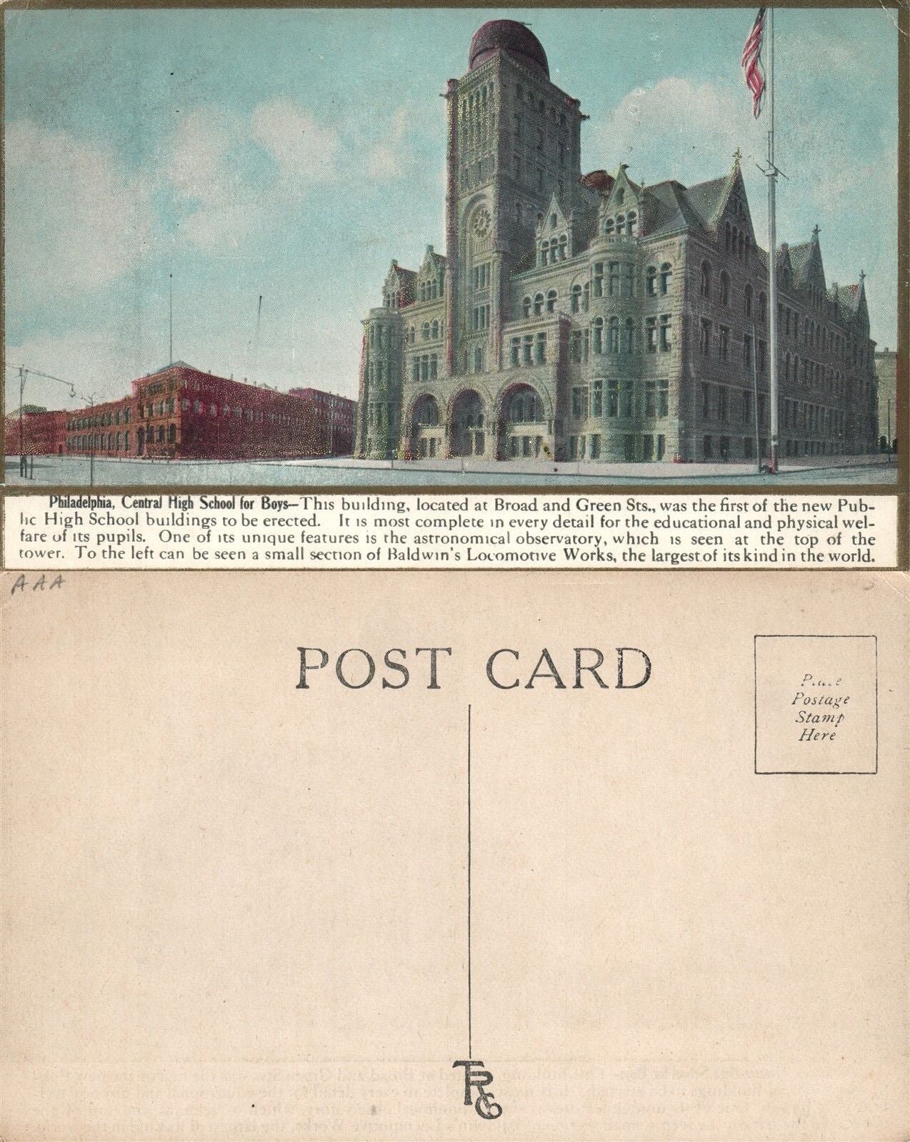 PHILADELPHIA PA CENTRAL HIGH SCHOOL FOR BOYS ANTIQUE POSTCARD