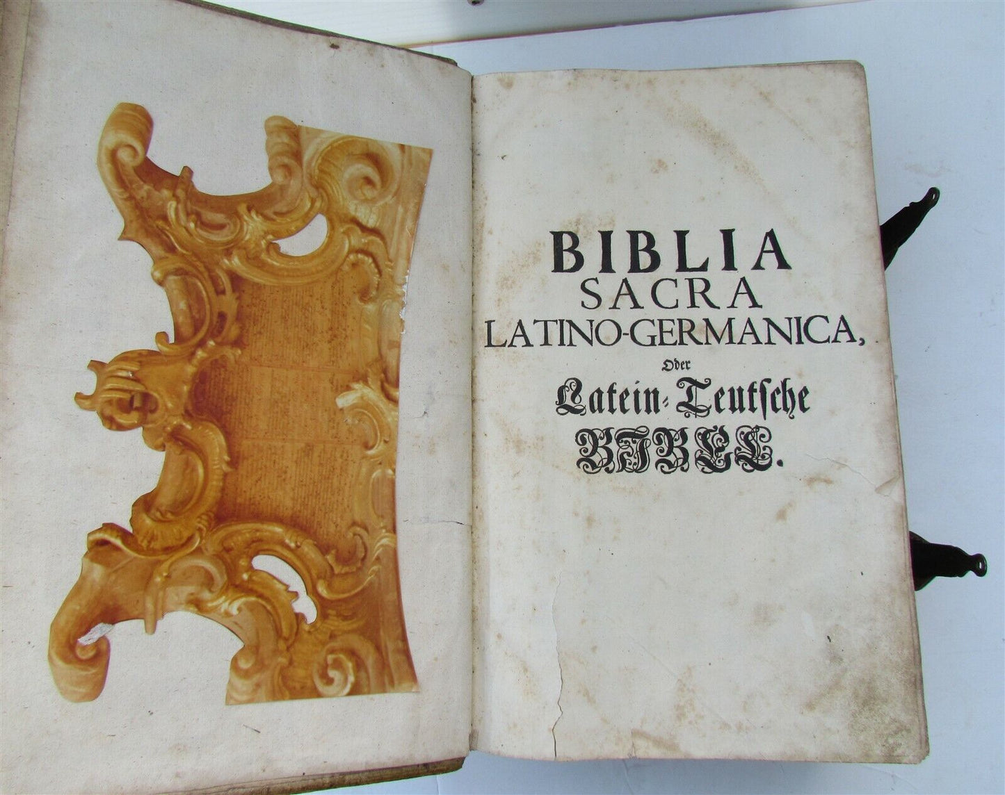 1737 LATIN GERMAN BIBLE AMAZING PIGSKIN BINDING MASSIVE FOLIO antique BIBLIA