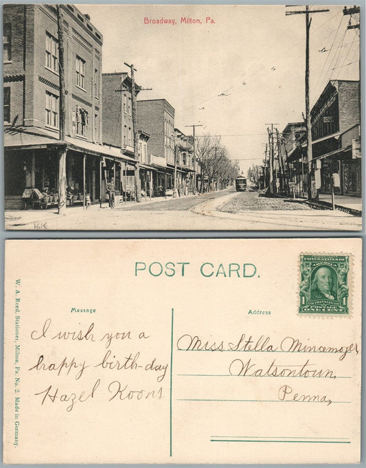 MILTON PA BROADWAY ANTIQUE POSTCARD trolley railroad