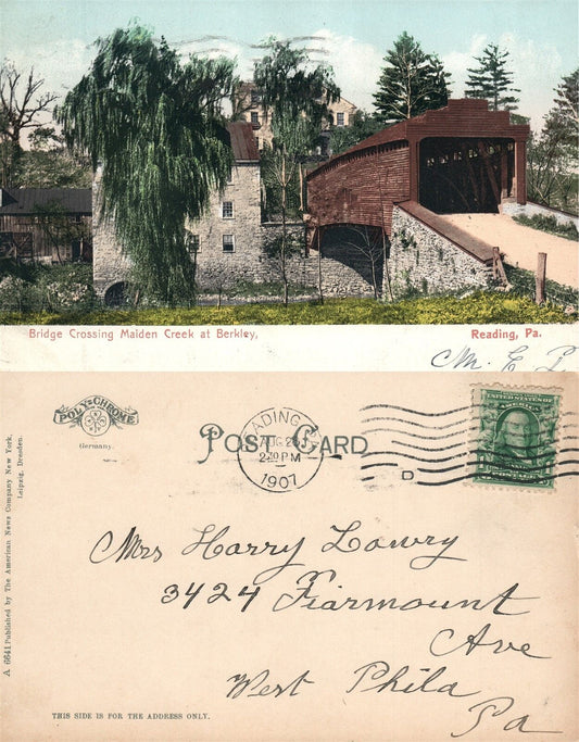 READING COVERED BRIDGE CROSSING MAIDEN CREEK AT BERKLEY 1907 ANTIQUE POSTCARD