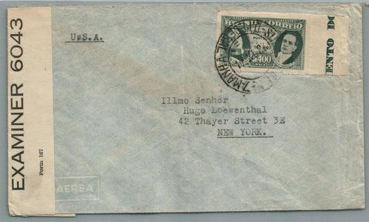 BRAZIL to NEW YORK 1944 VINTAGE COVER w/ STAMP OPENED BY EXAMINER