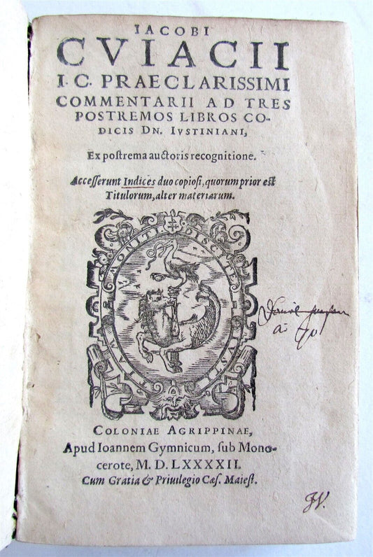 1592 LAW BOOK PRAECLARISSIMI COMMENTARII antique Jacques Cujas in LATIN vellum