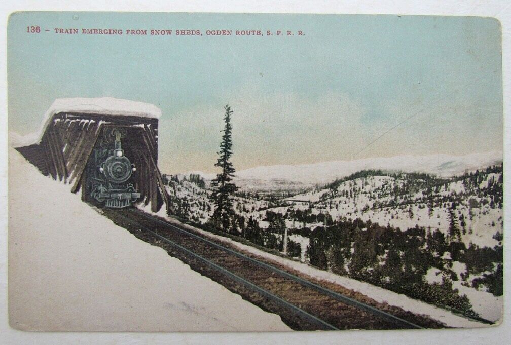 ANTIQUE POSTCARD TRAIN EMERGING SHOWSHEDS OGDEN UTAH S.P.R.R. railroad railway