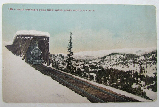 ANTIQUE POSTCARD TRAIN EMERGING SHOWSHEDS OGDEN UTAH S.P.R.R. railroad railway