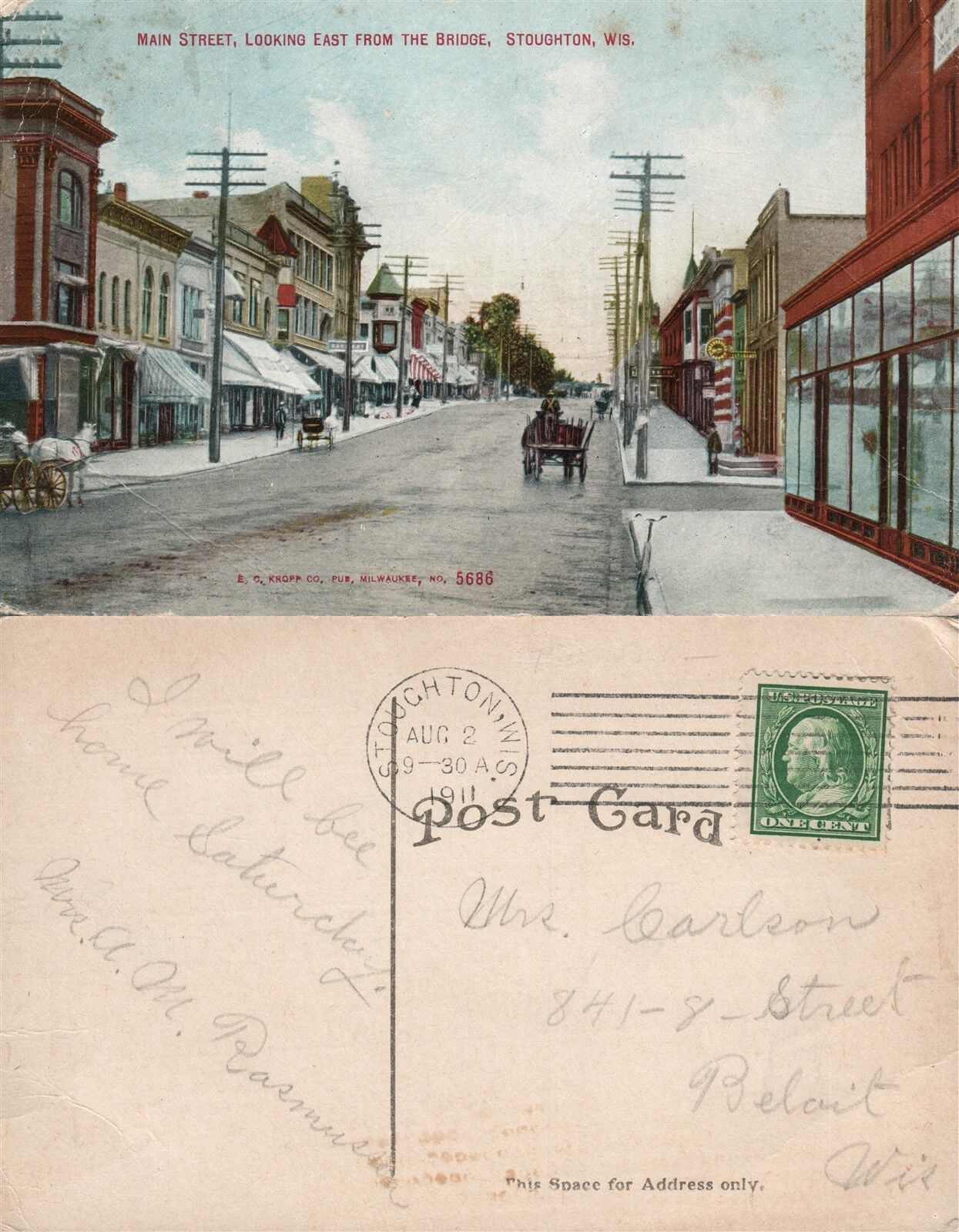 STOUGHTON WIS. MAIN STREET 1911 ANTIQUE POSTCARD