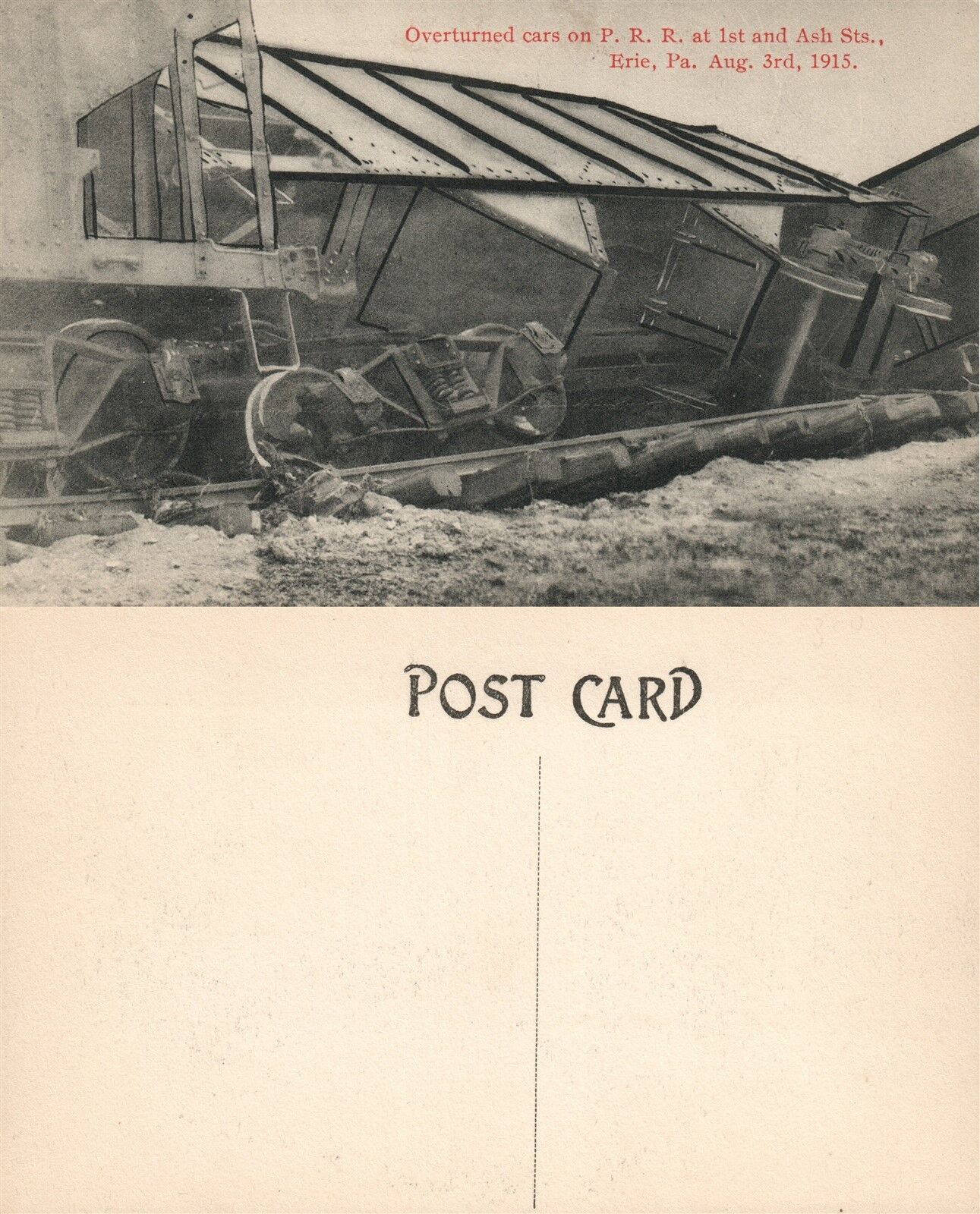 ERIE PA AFTER THE 1915 FLOOD OVERTURNED RAILROAD CARS ANTIQUE POSTCARD