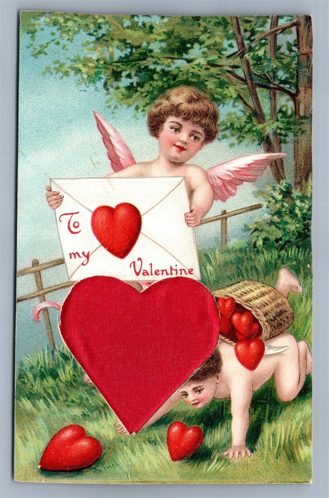 VALENTINE ANTIQUE POSTCARD CUPIDS w/ SILK HEARTS