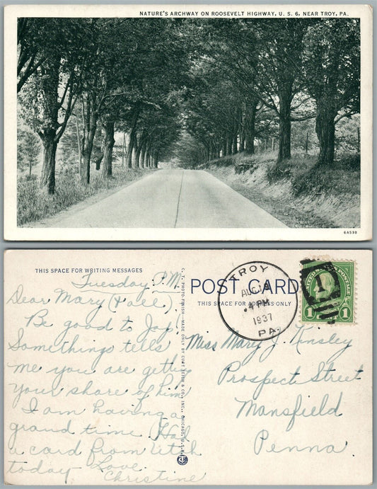 TROY PA ROOSEVELT HIGHWAY U.S. 6 1937 VINTAGE POSTCARD CORK CANCEL