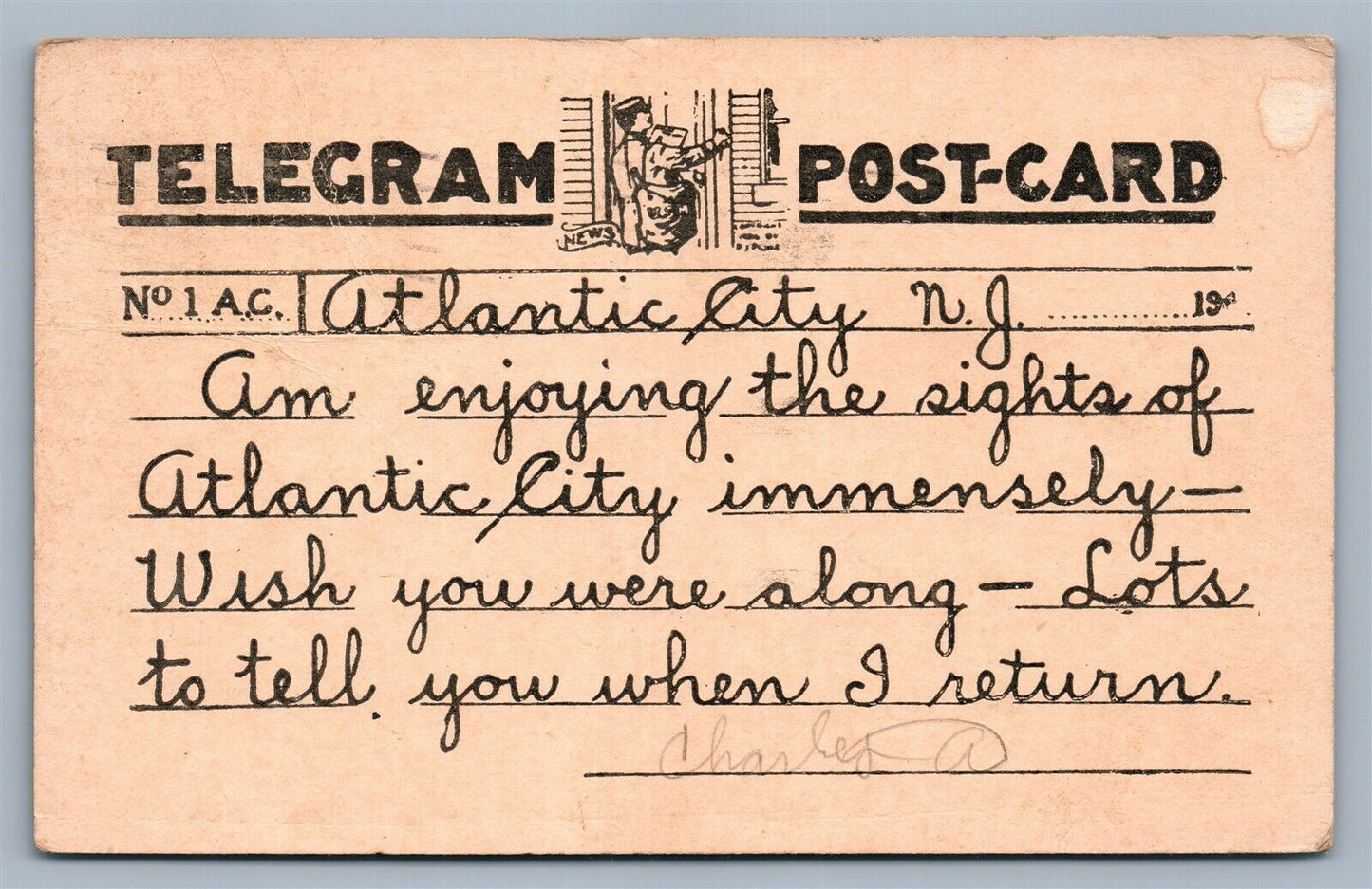 ATLANTIC CITY NJ TELEGRAM POST CARD 1920 ANTIQUE POSTCARD