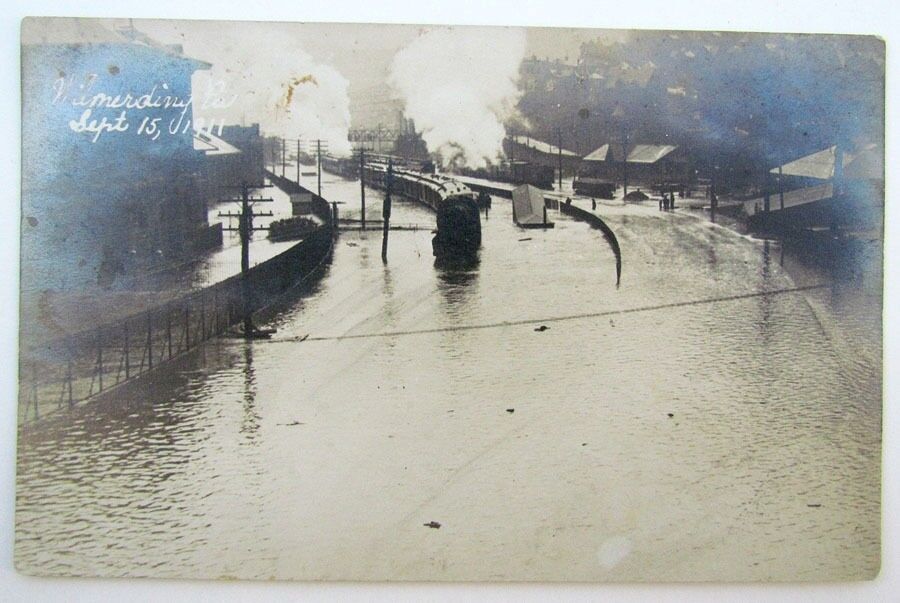 RPPC 1911 VINTAGE PHOTO POSTCARD RAILWAY STATION FLOOD WILMERDING PA railroad