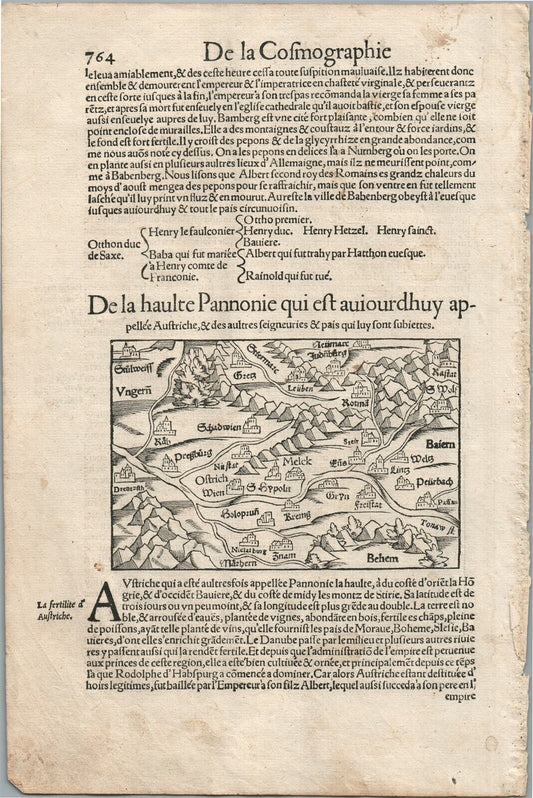 1575 PANNONIA HUNGARY VIEW LEAF from BELLEFOREST EDITION of MUNSTER COSMOGRAPHY