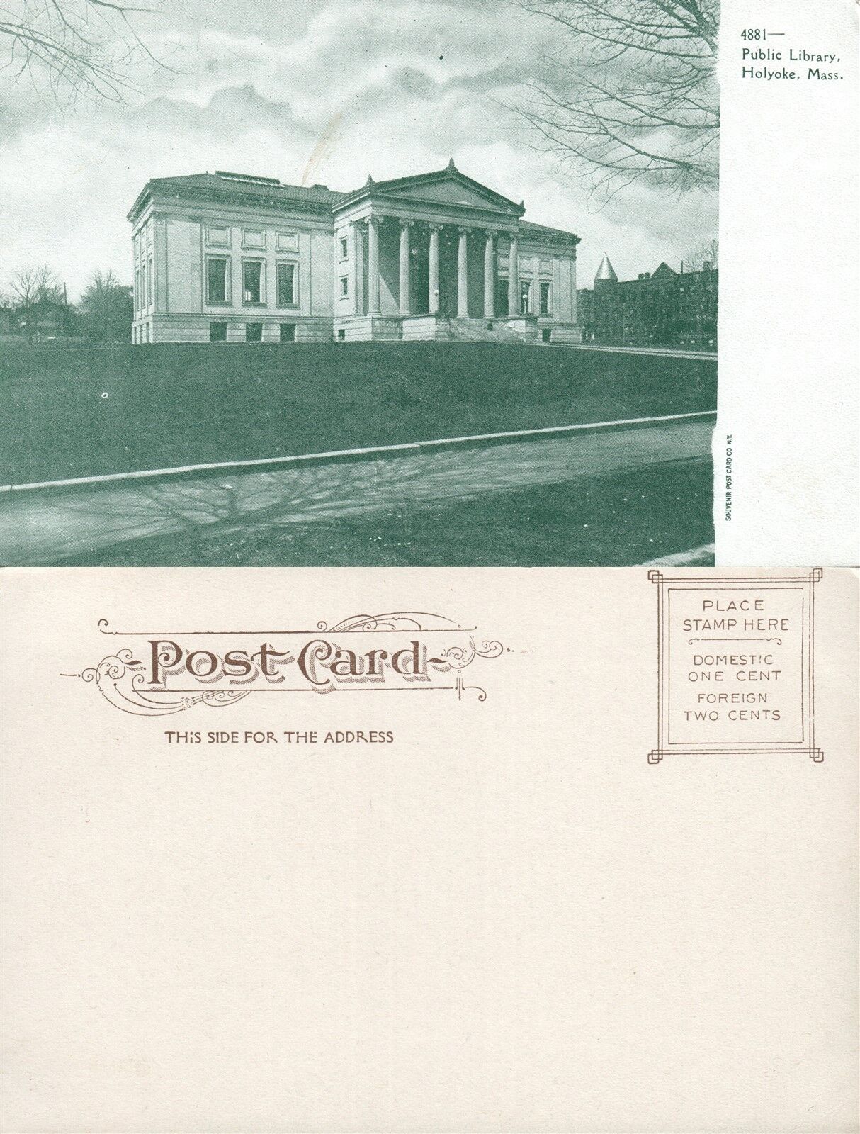 HOLYOKE MA PUBLIC LIBRARY UNDIVIDED ANTIQUE POSTCARD