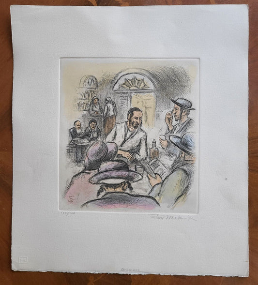 ORIGINAL VINTAGE HAND COLORED SIGNED ETCHING by IRA MOSKOWITZ Judaica