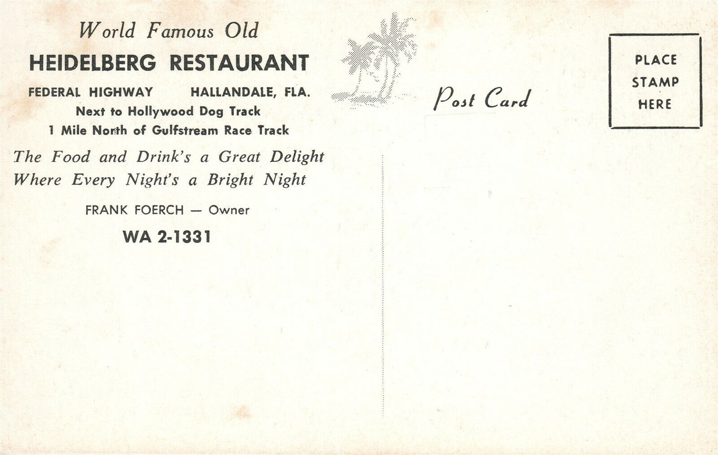 HALLANDALE FL HEIDELBERG RESTAURANT VINTAGE POSTCARD