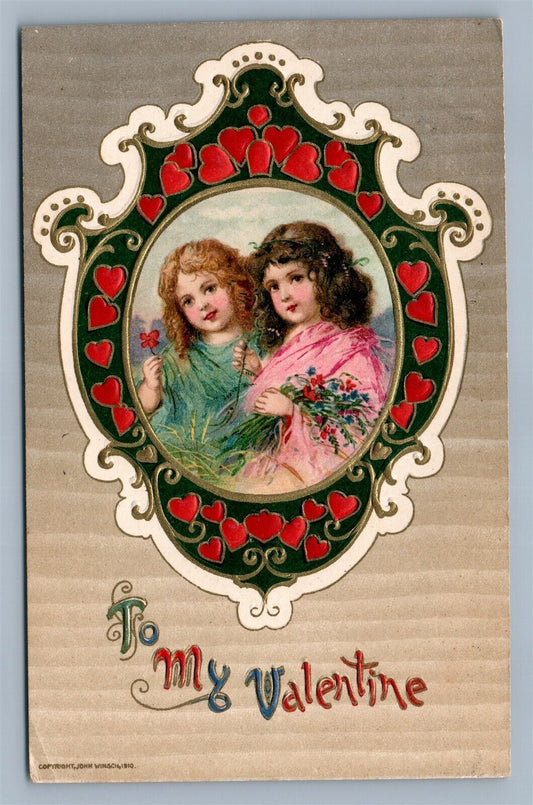 VALENTINE 1910 EMBOSSED ANTIQUE POSTCARD JOHN WINSCH KIDS w/ FLOWERS