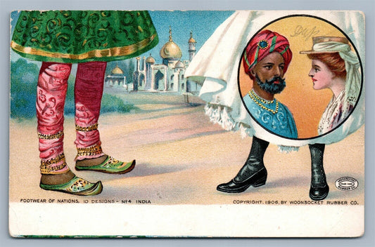 FOOTWEAR OF NATIONS INDIA WOONSOCKET RI RUBBER CO ADVERTISING ANTIQUE POSTCARD