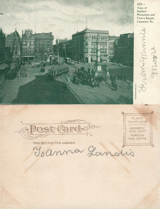 LANCASTER SOLDIER'S MONUMENT & CENTRE SQUARE UNDIVIDED ANTIQUE POSTCARD trolley