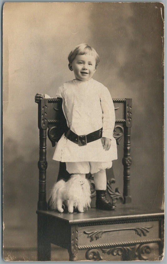 LITTLE BOY w/ TOY DOG ANTIQUE REAL PHOTO POSTCARD RPPC