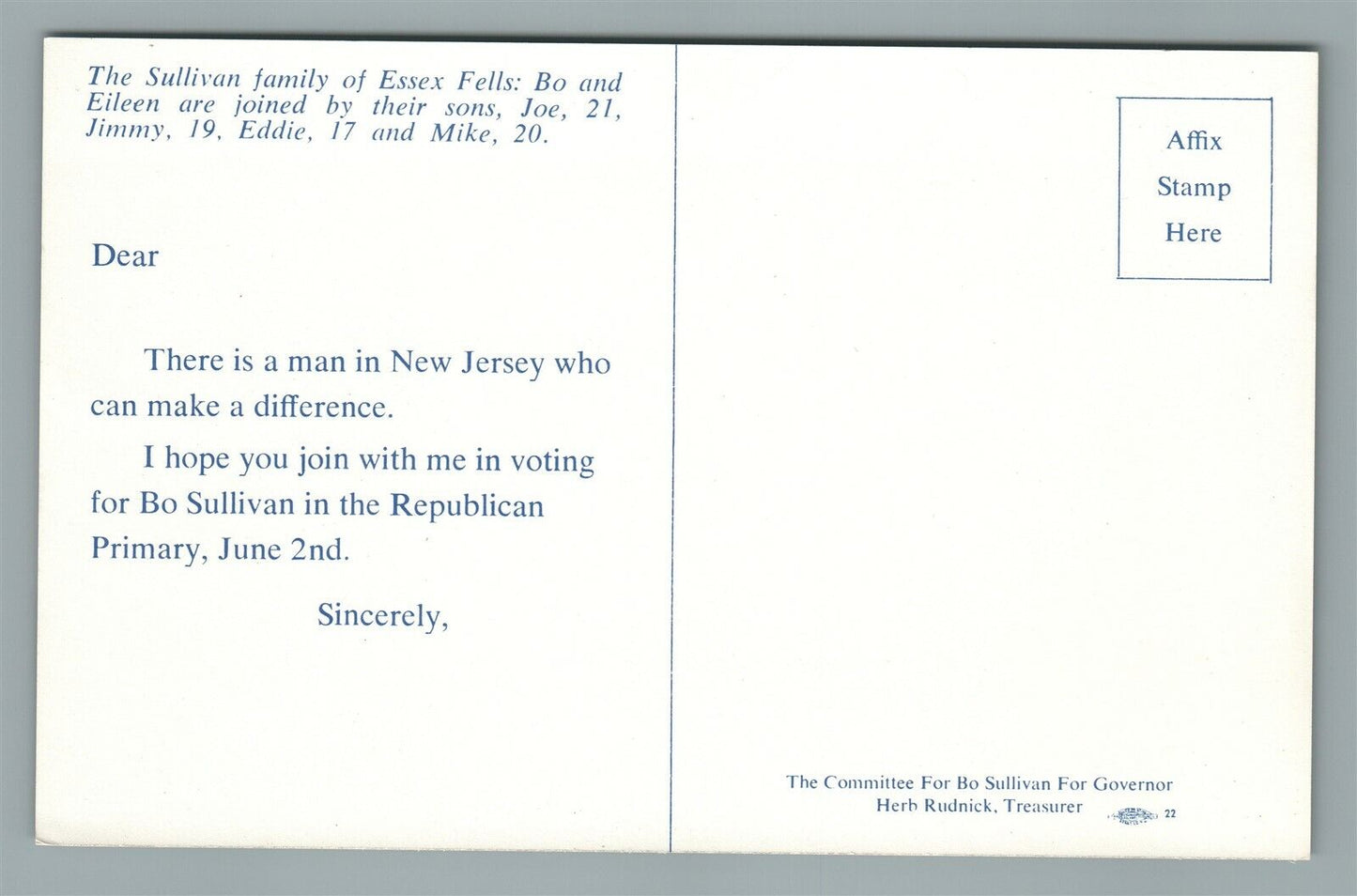 NEW JERSEY REPUBLICAN CANDIDATE BO SULLIVAN VINTAGE POLITICAL POSTCARD