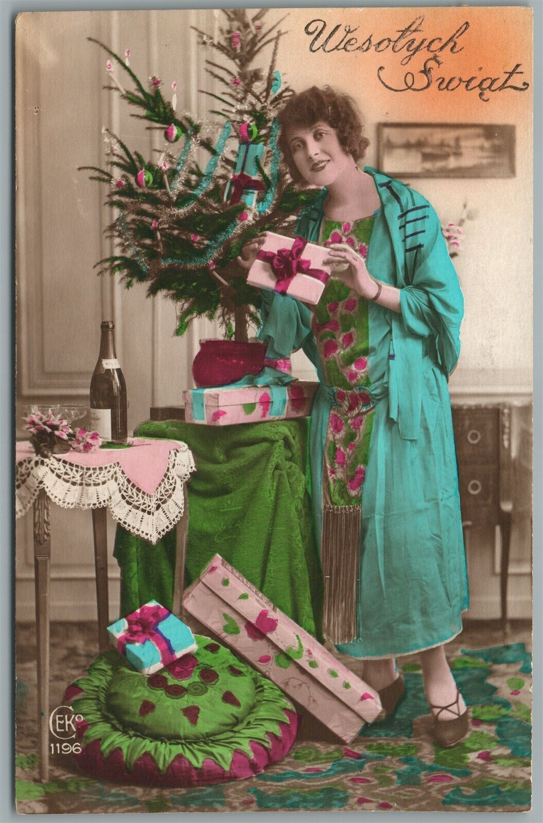 YOUNG LADY w/ CHRISTMAS TREE ANTIQUE REAL PHOTO POSTCARD RPPC GREETING in POLISH