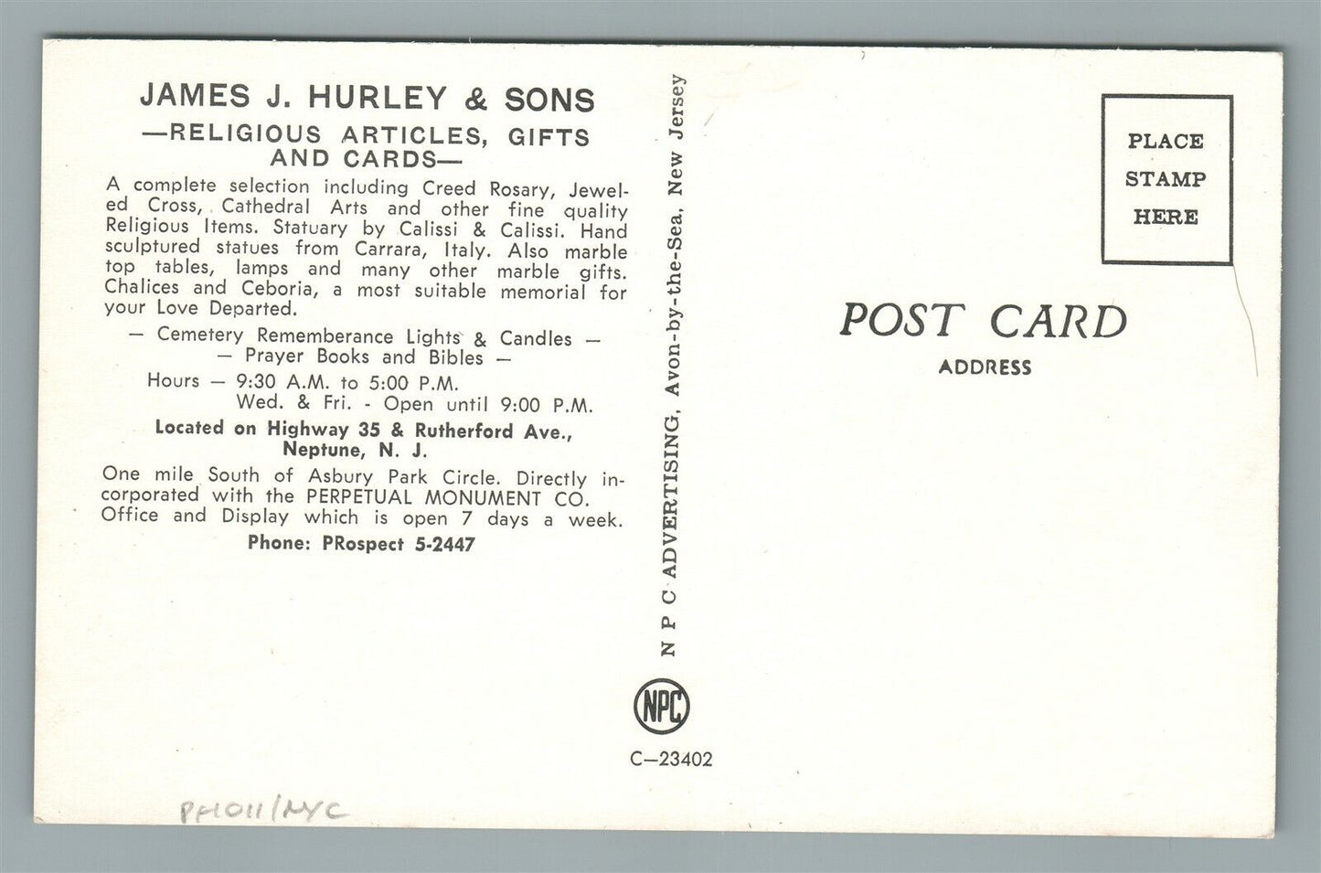 NEPTUNE NJ JAMES HURLEY & SONS RELIGIOUS ARTICLES & CARDS SHOP VINTAGE POSTCARD