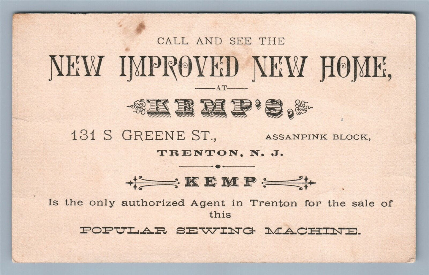 TRENTON NJ ANTIQUE VICTORIAN TRADE CARD SEWING MACHINE CO. ADVERTISING