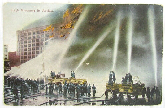HIGH PRESSURE IN ACTION 1911 ANTIQUE POSTCARD FIRE FIGHTERS