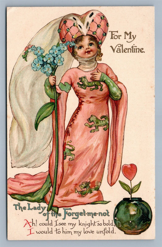 VALENTINE ANTIQUE POSTCARD LADY OF FORGET-ME-NOT