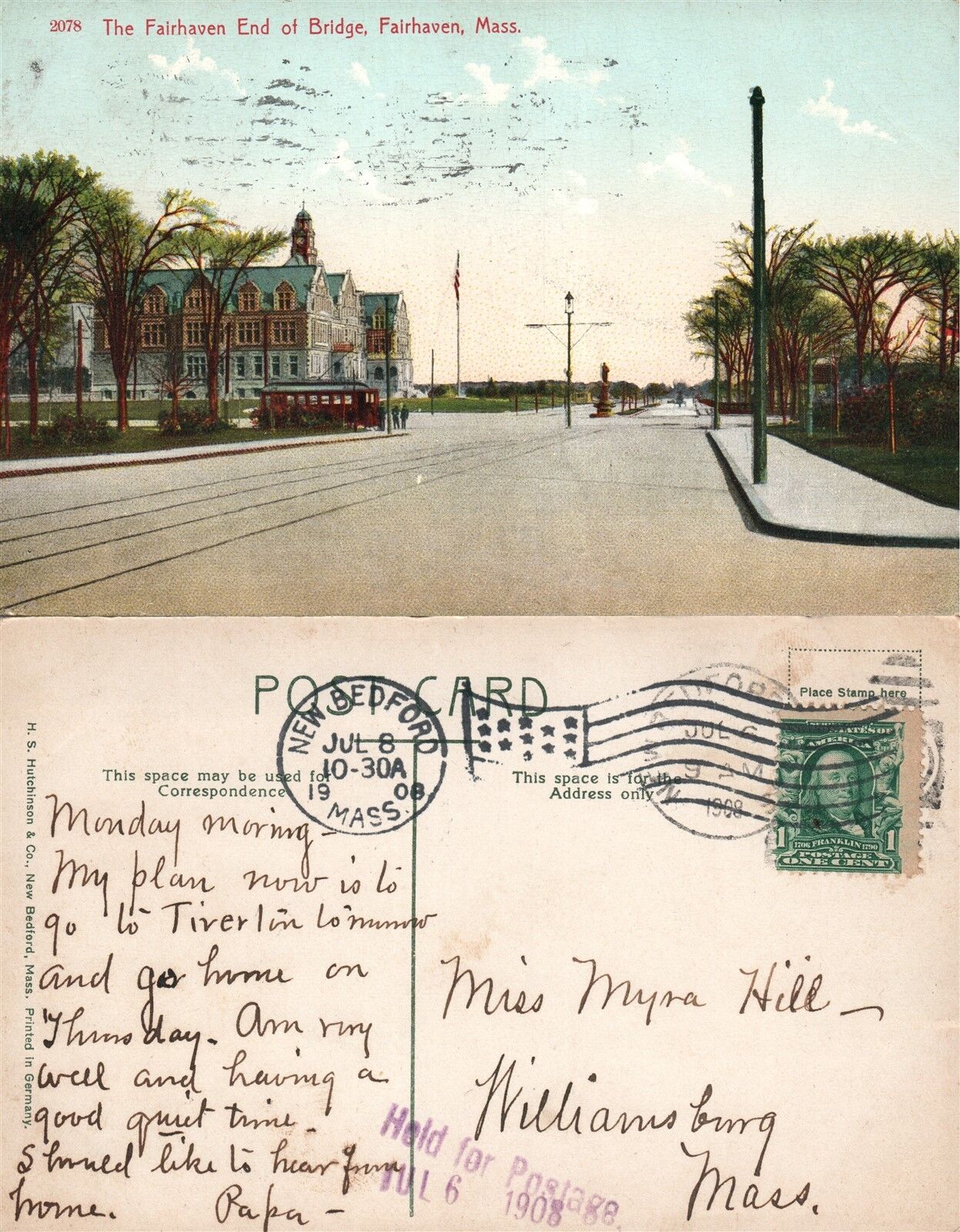 FAIRHAVEN MA END OF BRIDGE 1908 ANTIQUE POSTCARD