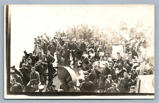 SOLDIERS on SHIP'S DECK WWI ERA ANTIQUE REAL PHOTO POSTCARD RPPC