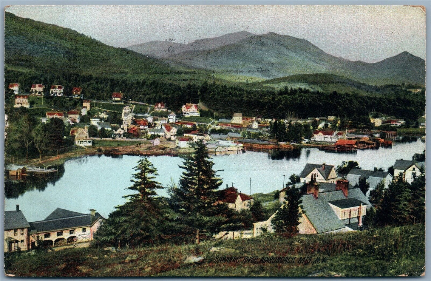 ADIRONDACK MTS NY SARANAC RIVER 1911 ANTIQUE POSTCARD