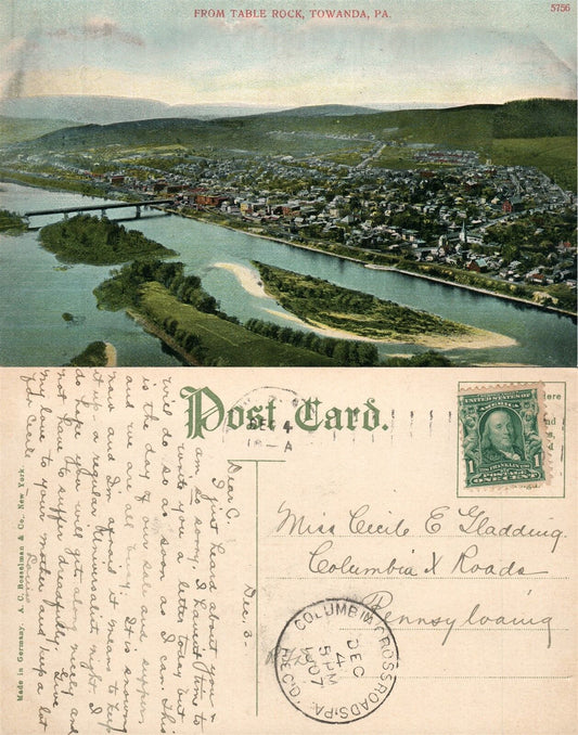 TOWANDA PA FROM TABLE ROCK 1907 ANTIQUE POSTCARD