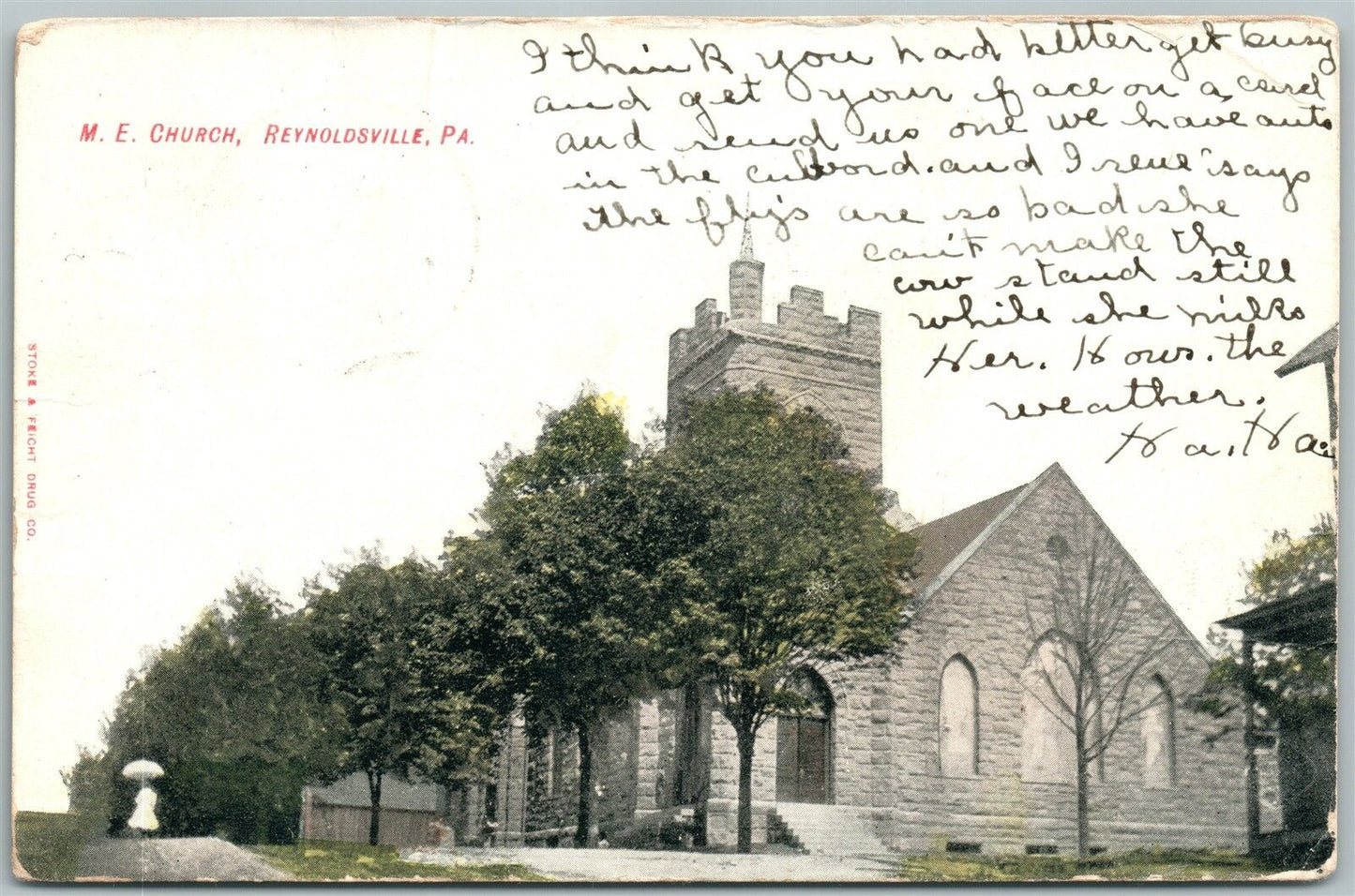 REYNOLDSVILLE PA M.E. CHURCH 1908 ANTIQUE POSTCARD