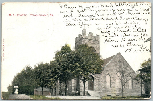 REYNOLDSVILLE PA M.E. CHURCH 1908 ANTIQUE POSTCARD