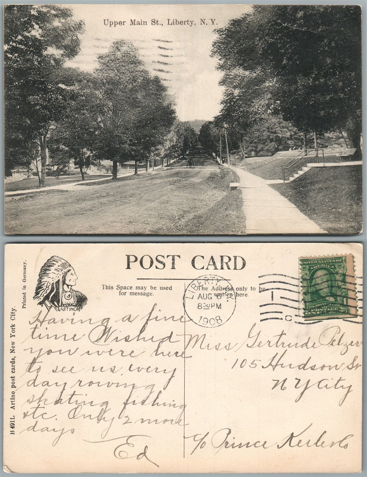 LIBERTY N.Y. UPPER MAIN STREET 1908 ANTIQUE POSTCARD