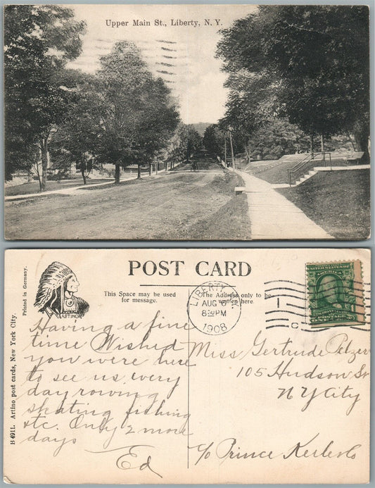 LIBERTY N.Y. UPPER MAIN STREET 1908 ANTIQUE POSTCARD