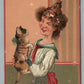 OLD LADY w/ CAT ANTIQUE POSTCARD TWO FRISKY YOUNG PUSSIES