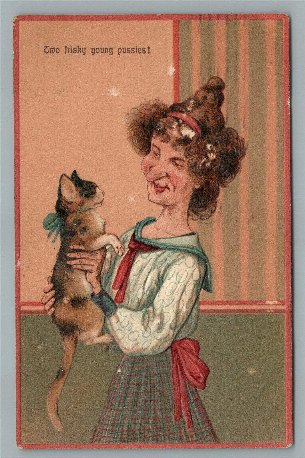 OLD LADY w/ CAT ANTIQUE POSTCARD TWO FRISKY YOUNG PUSSIES