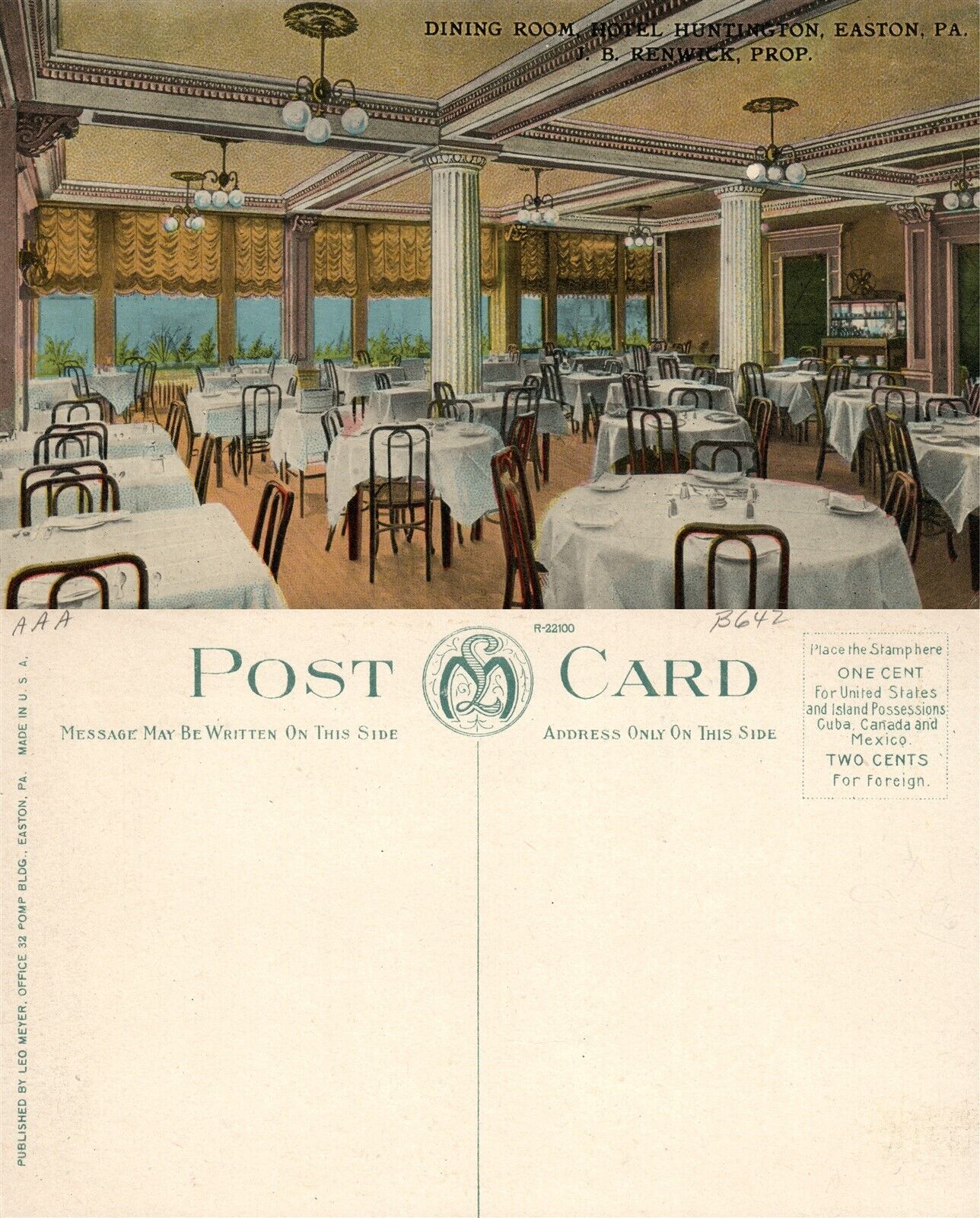 EASTON PA HOTEL HUNTINGTON DINING ROOM ANTIQUE POSTCARD