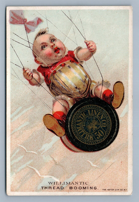 WILLIMANTIC THREAD BOOMING VICTORIAN TRADE CARD AMERICA AHEAD!